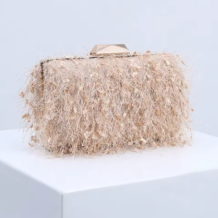 Feather-embellished box clutch with gold chain strap – SCOLE