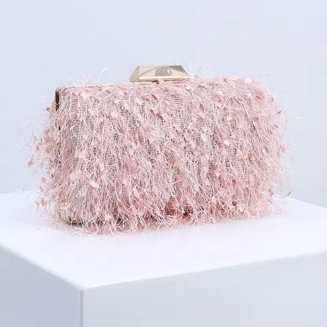 Feather-embellished box clutch with gold chain strap – SCOLE