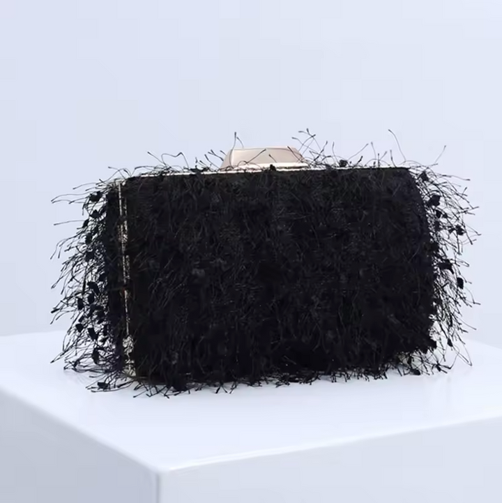 Feather-embellished box clutch with gold chain strap – SCOLE