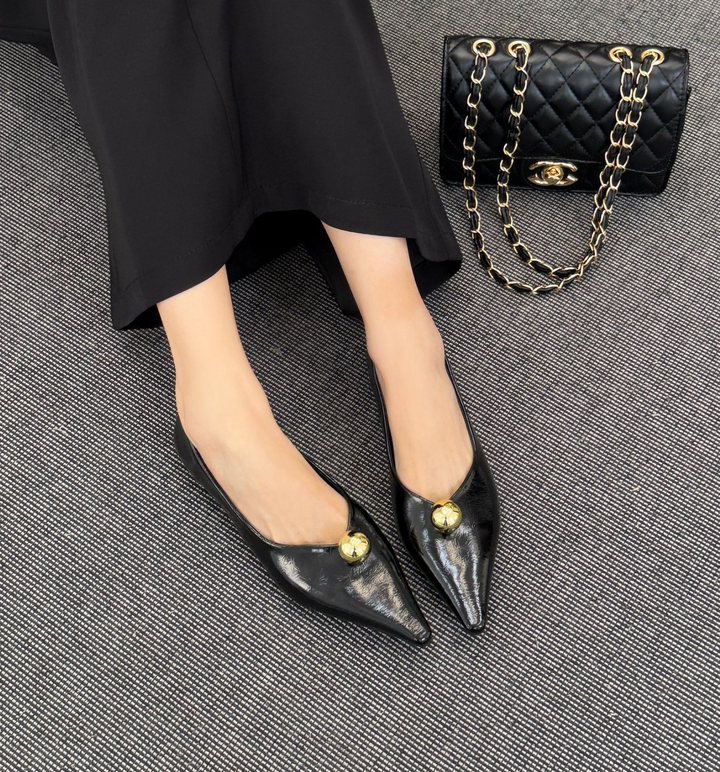 pointed black flats with gold dome detail - VEIRA
