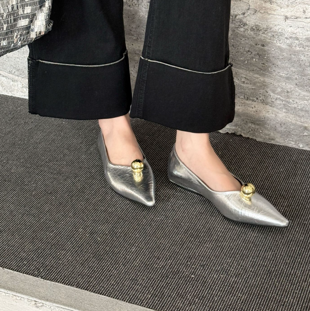 pointed black flats with gold dome detail - VEIRA