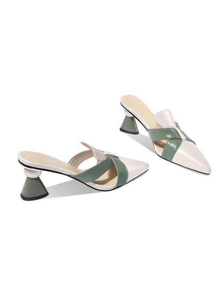 pointed leather mules with green cross straps and flared heels – VERONA