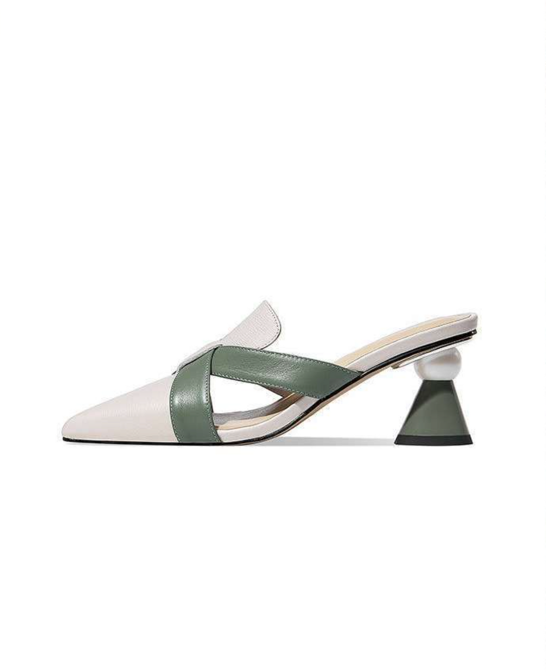 pointed leather mules with green cross straps and flared heels – ODD- VERONA