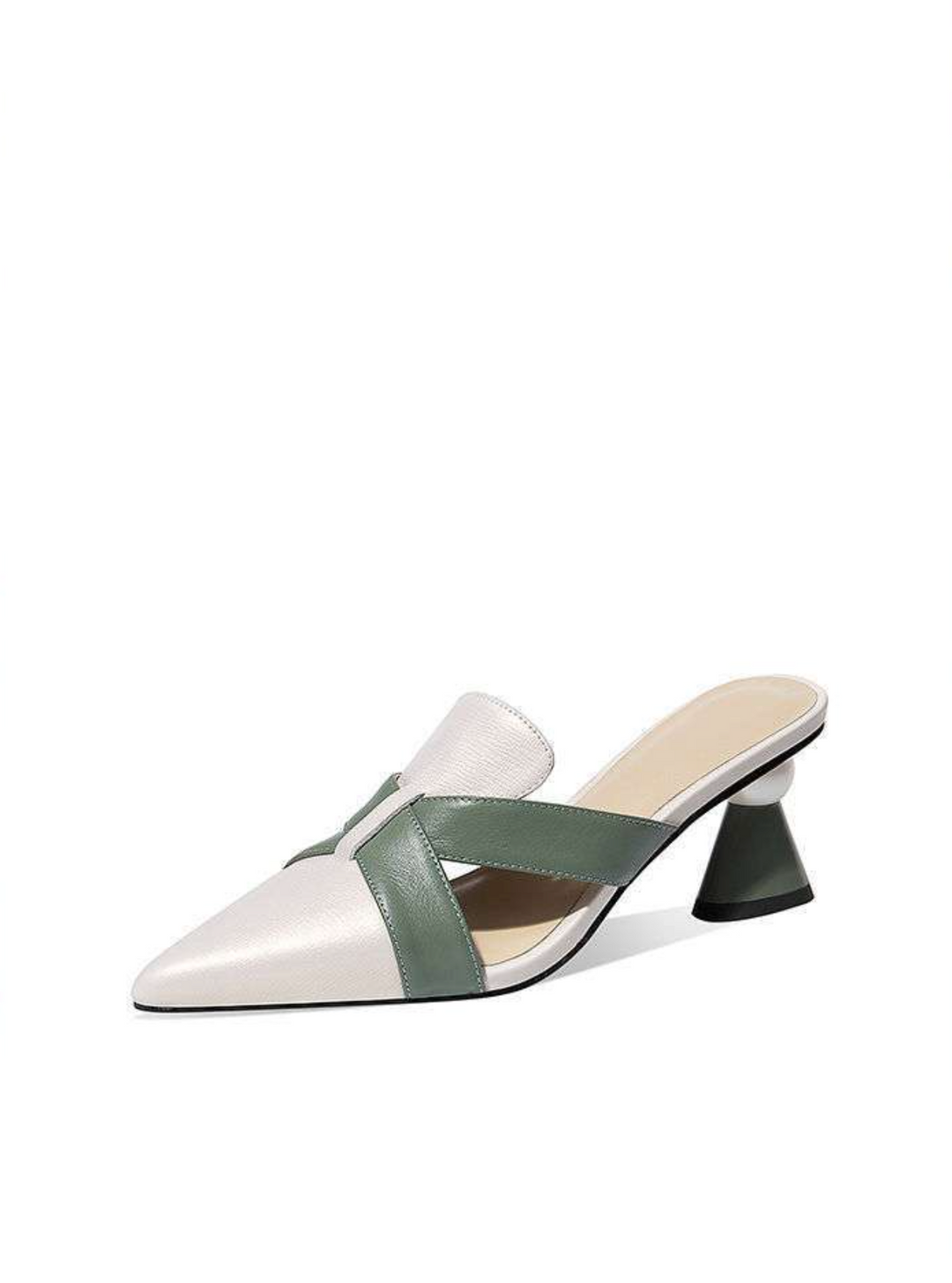 pointed leather mules with green cross straps and flared heels – ODD- VERONA