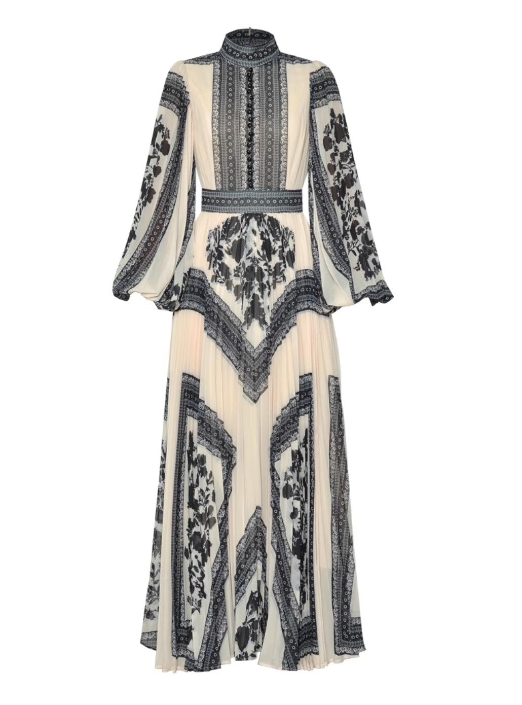 printed pleated gown with high neck and bishop sleeves – ISOLDE