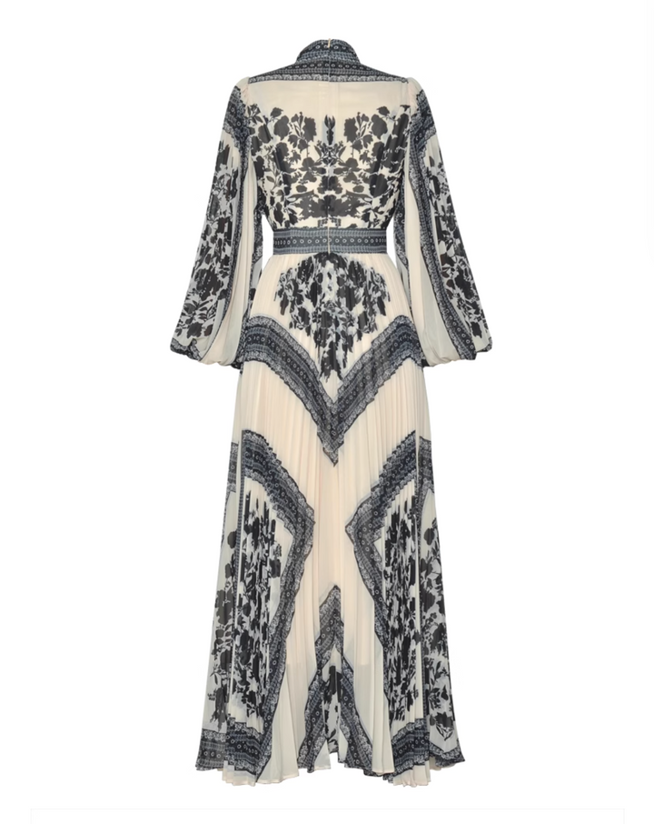 printed pleated gown with high neck and bishop sleeves – ISOLDE