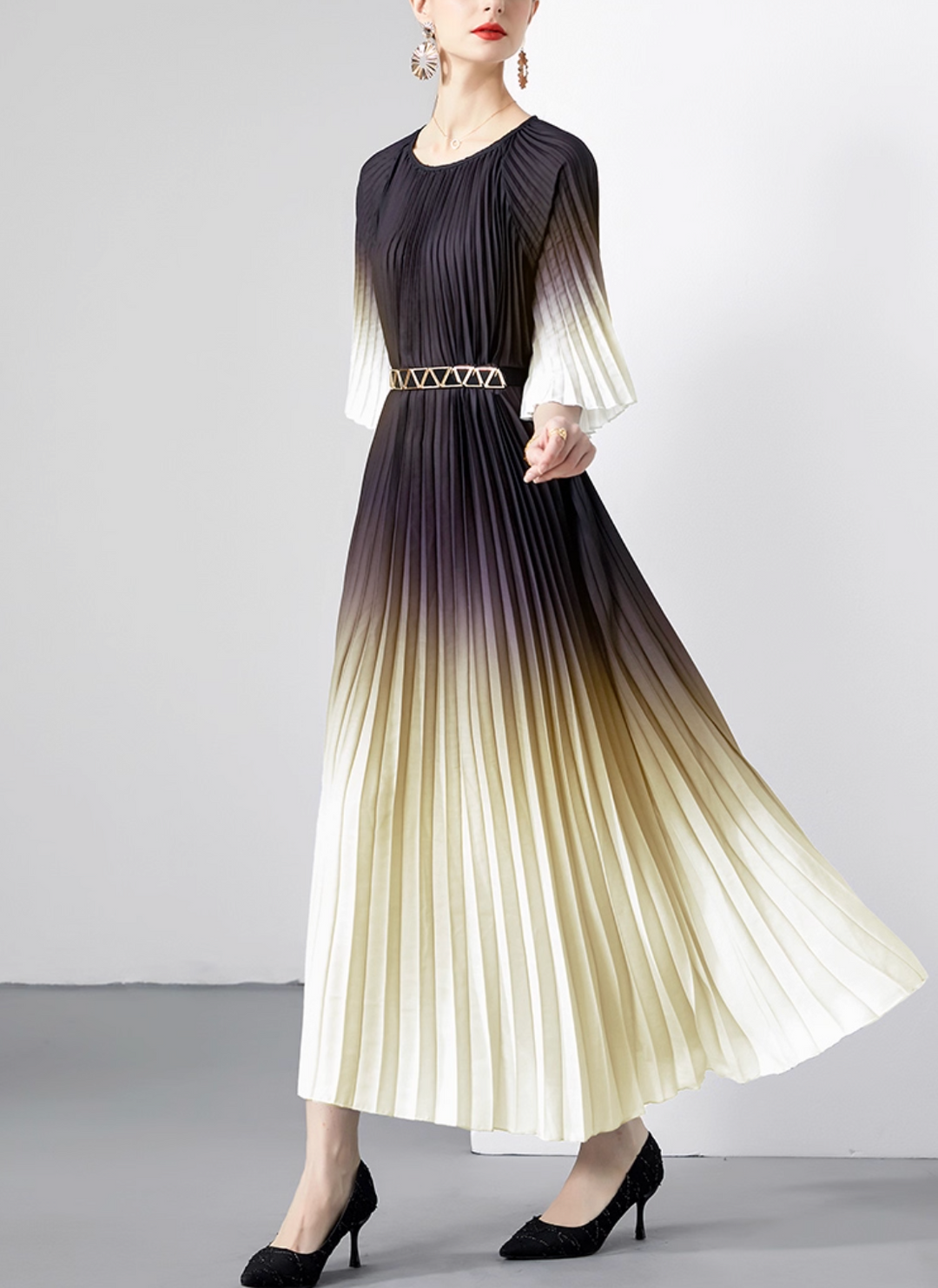 pleated ombre midi dress with geometric belt – SIENNA