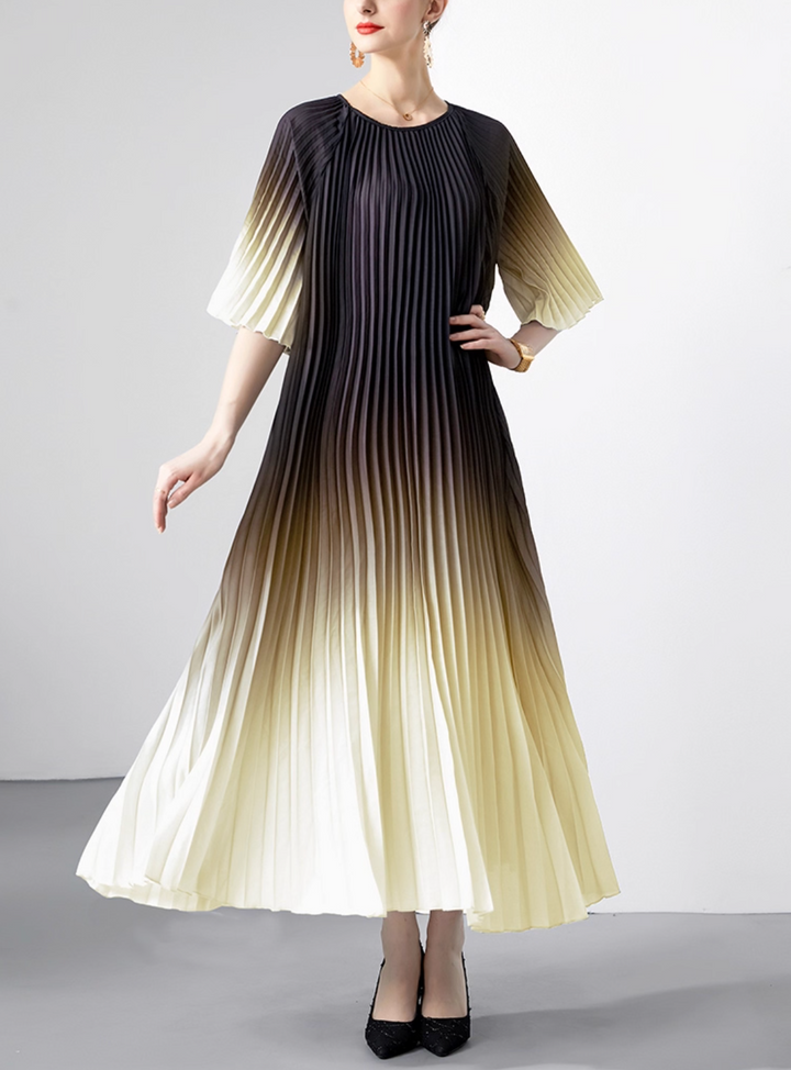 pleated ombre midi dress with geometric belt – SIENNA