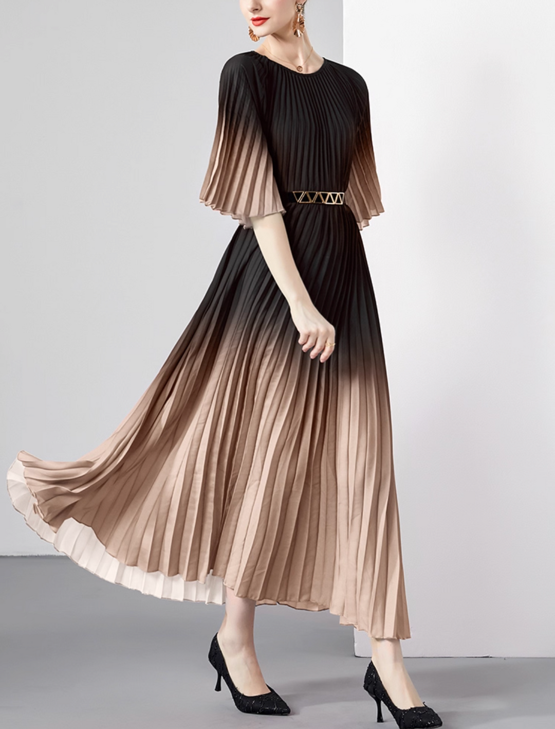 pleated ombre midi dress with geometric belt – SIENNA