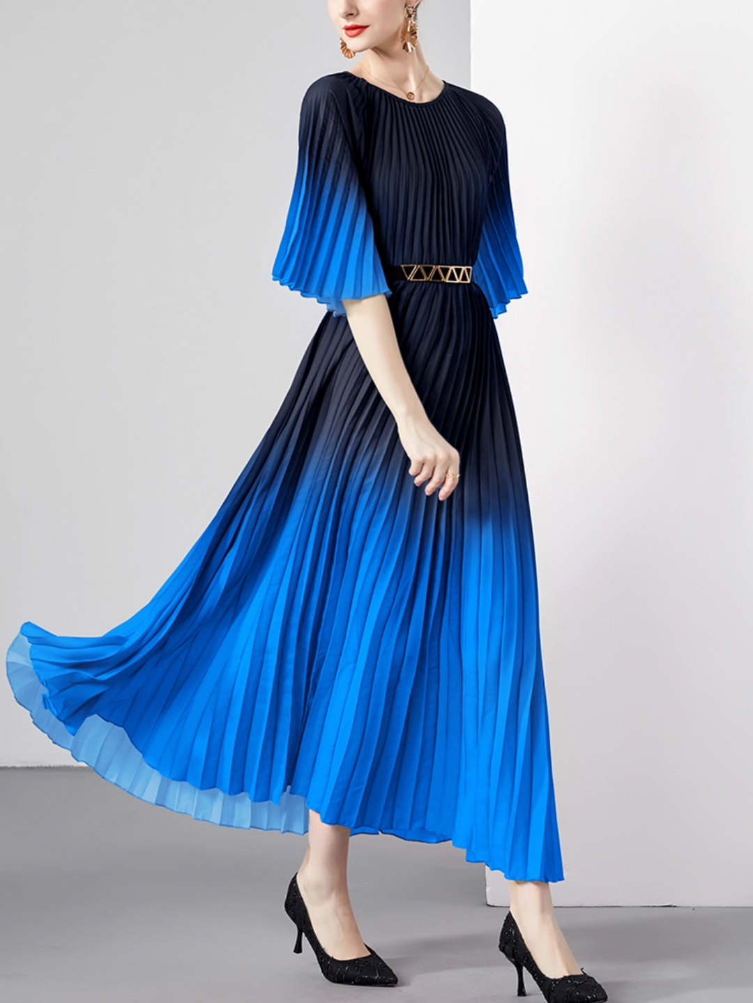 pleated ombre midi dress with geometric belt – SIENNA