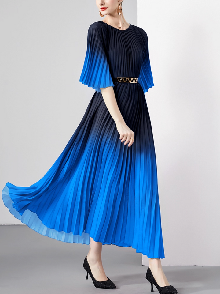 pleated ombre midi dress with geometric belt – SIENNA