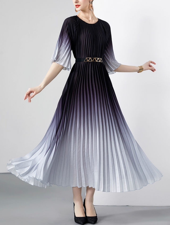 pleated ombre midi dress with geometric belt – SIENNA