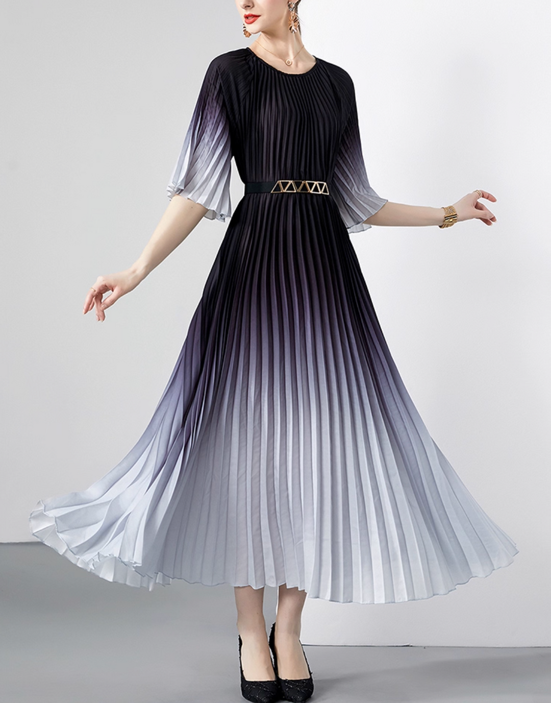 pleated ombre midi dress with geometric belt – SIENNA