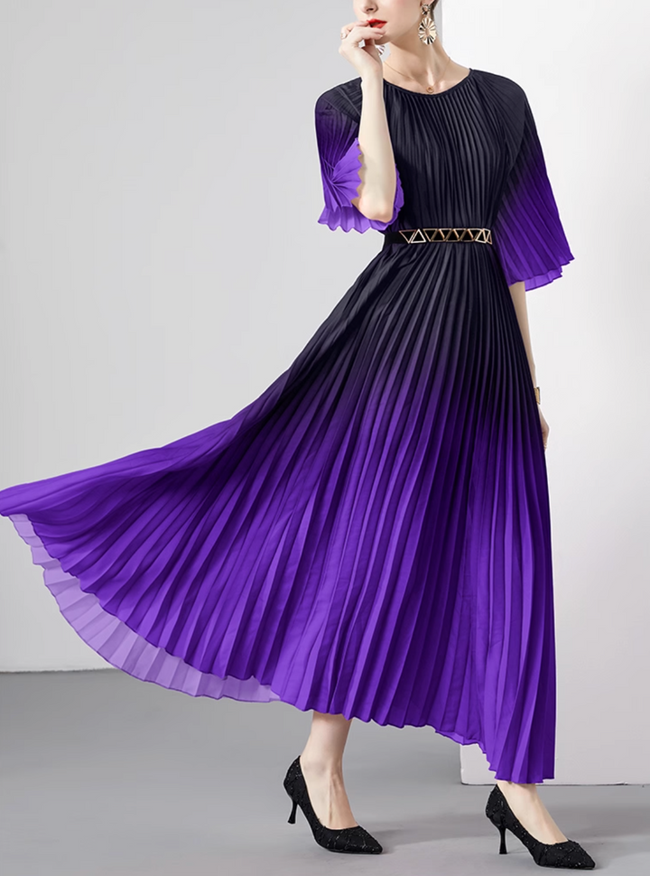 pleated ombre midi dress with geometric belt – SIENNA