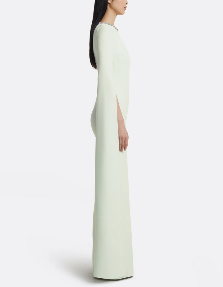 cape-sleeve column gown with crystal neckline – MINTA