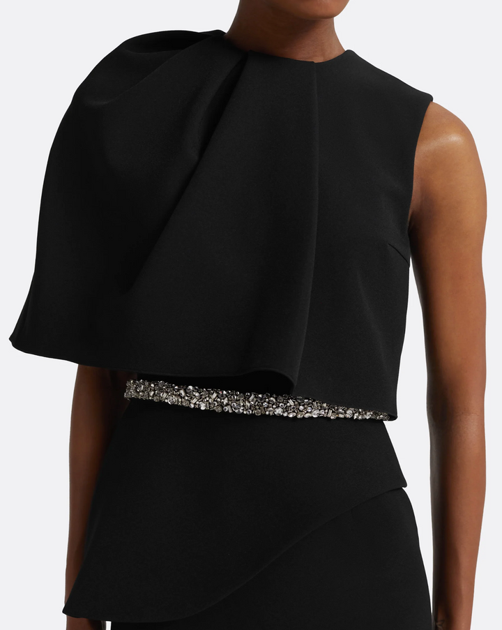 sleeveless trumpet gown with draped overlay and crystal waist – ODD- LUXE