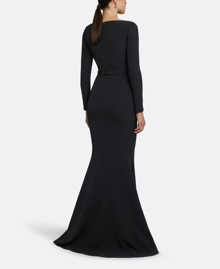 long-sleeve column gown with crystal-trimmed neckline – STELLA-1