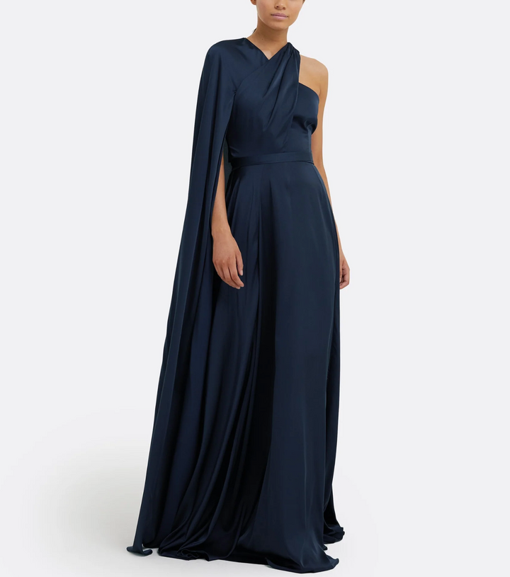 one-shoulder satin gown with draped cape sleeve – NAVIL