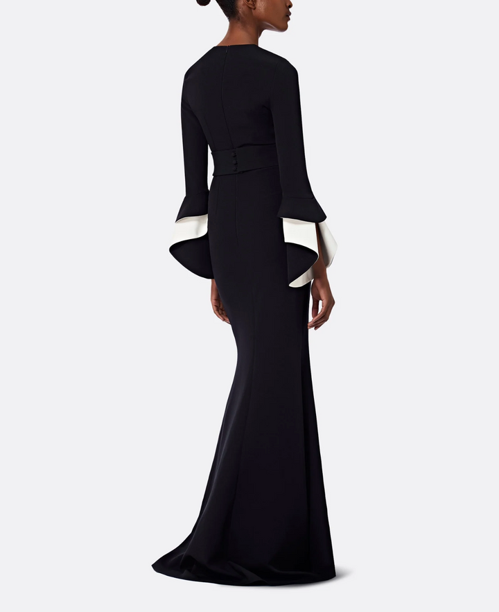 long-sleeve fishtail gown with contrast cuff flares – NOLED-1