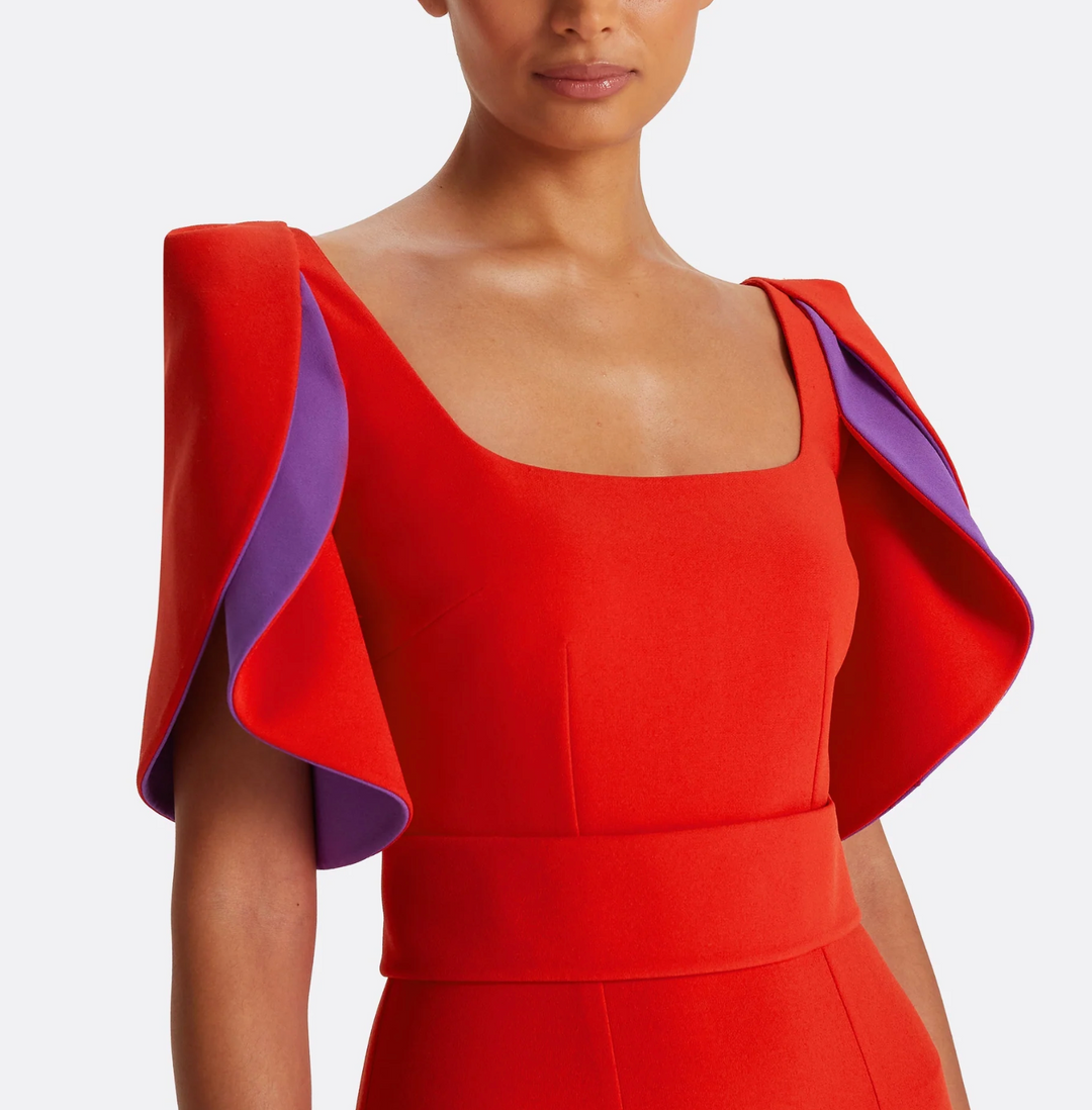 structured column gown with layered sculpted sleeves – FLAME-1