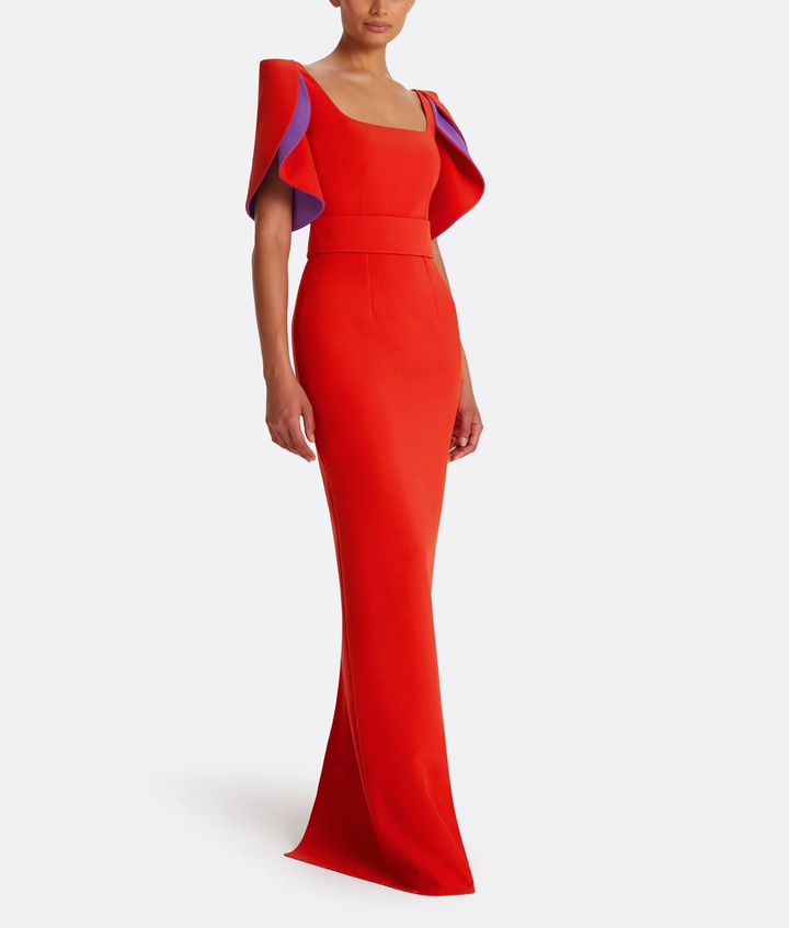 structured column gown with layered sculpted sleeves – FLAME-1