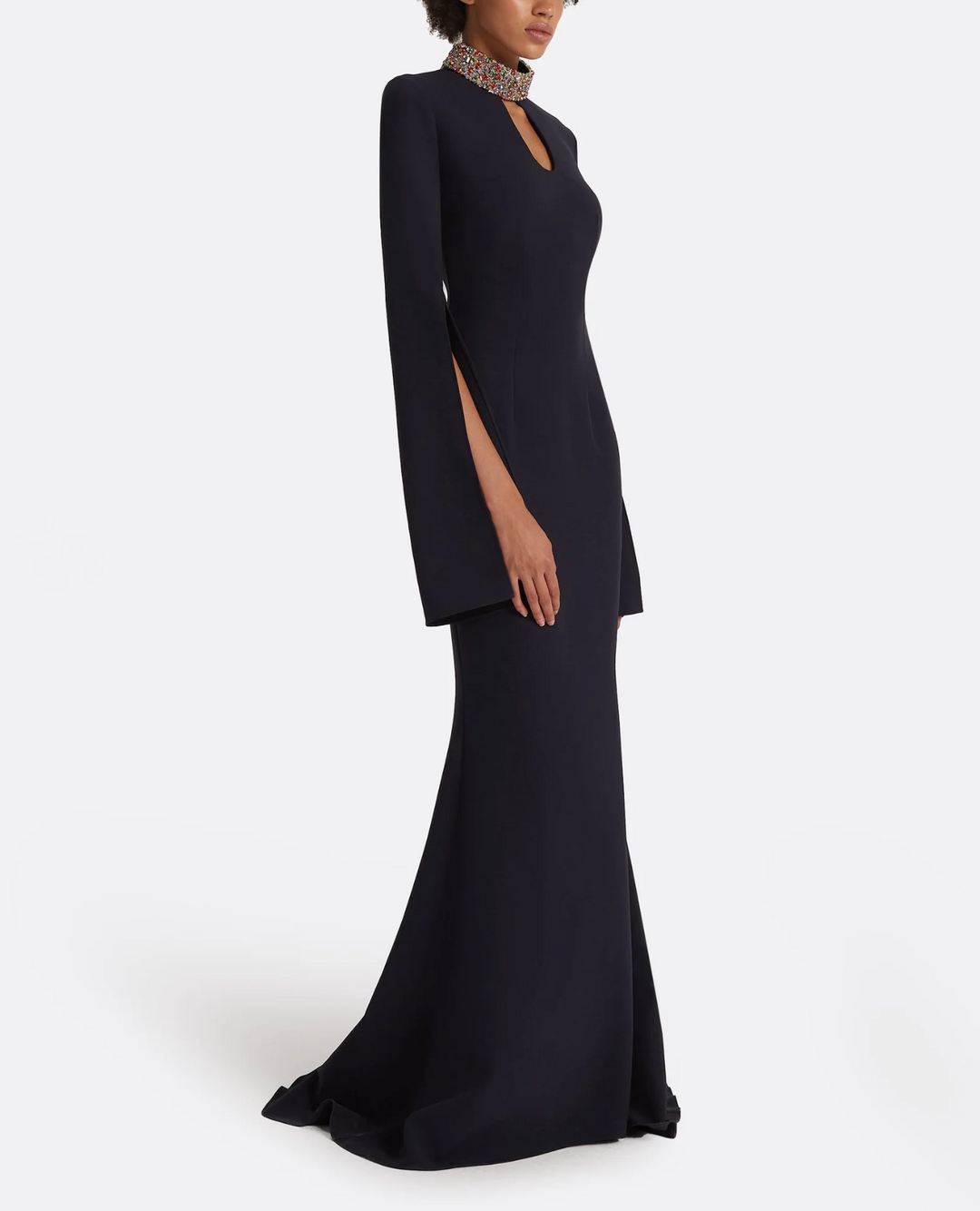 cape-sleeve mermaid gown with jeweled collar – NOCTURNE