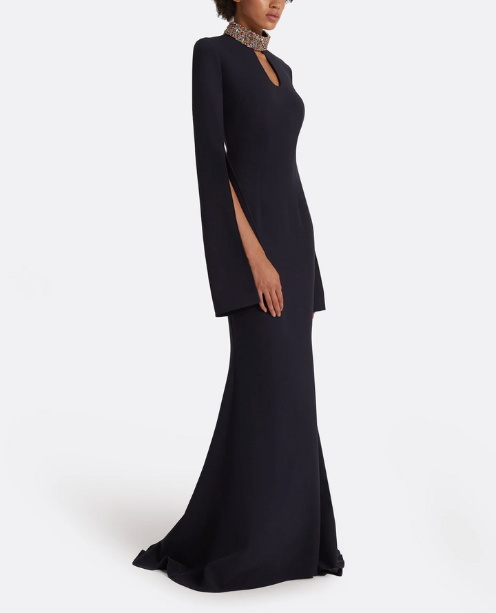 cape-sleeve mermaid gown with jeweled collar – NOCTURNE