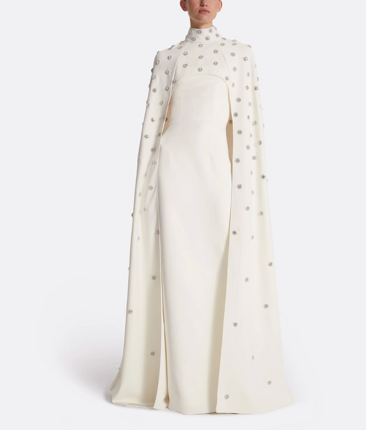 embellished ivory gown with high-neck cape overlay – ODD- CELESTIA