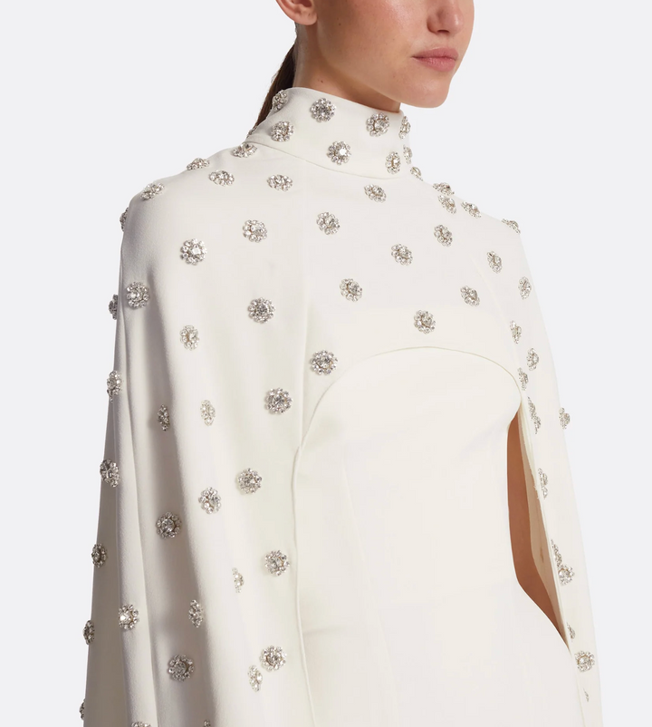 embellished ivory gown with high-neck cape overlay – ODD- CELESTIA