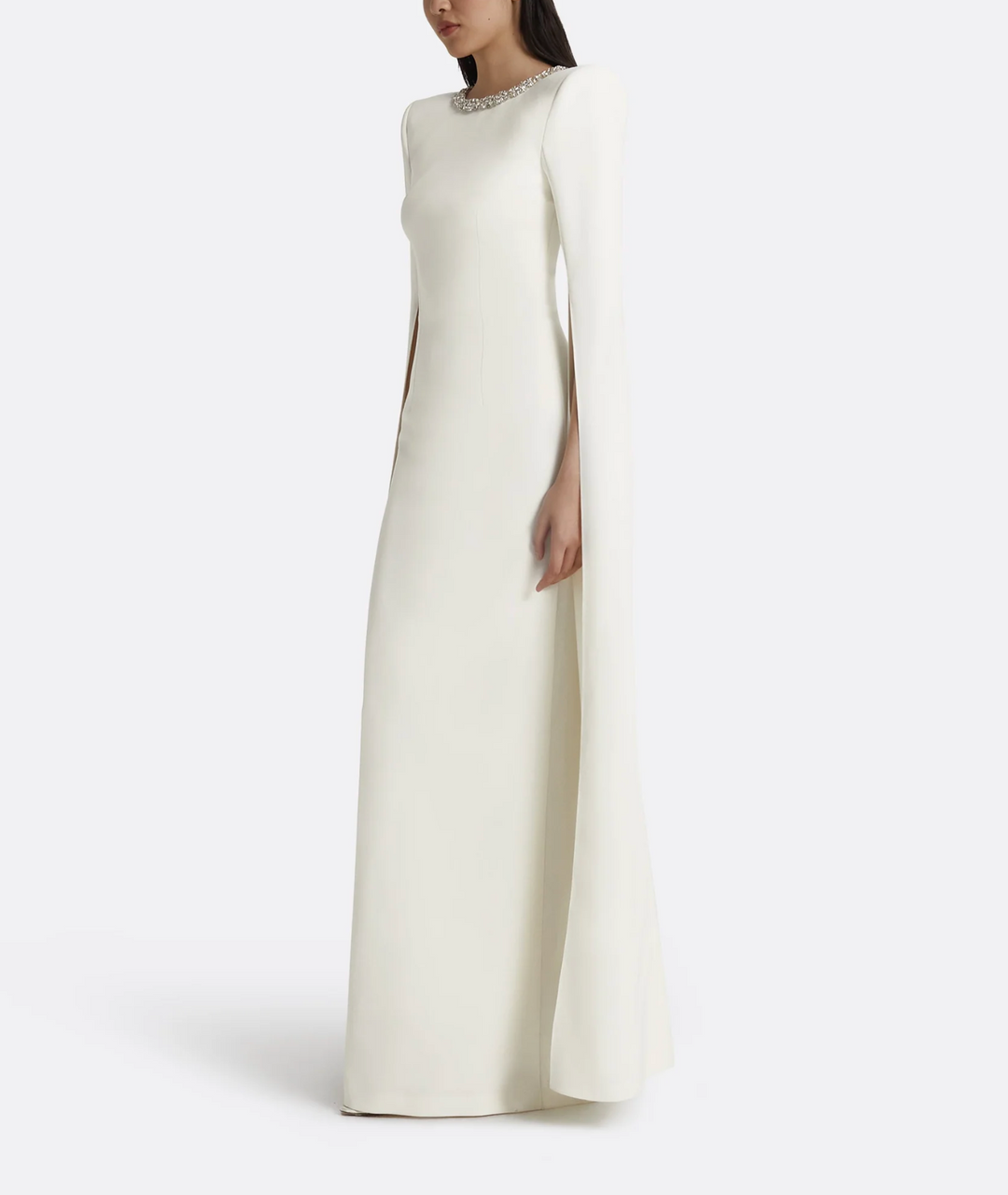 cape-sleeve column gown with crystal neckline – LUMINA