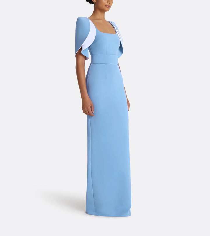 square-neck column gown with sculpted flutter sleeves – SKYLA