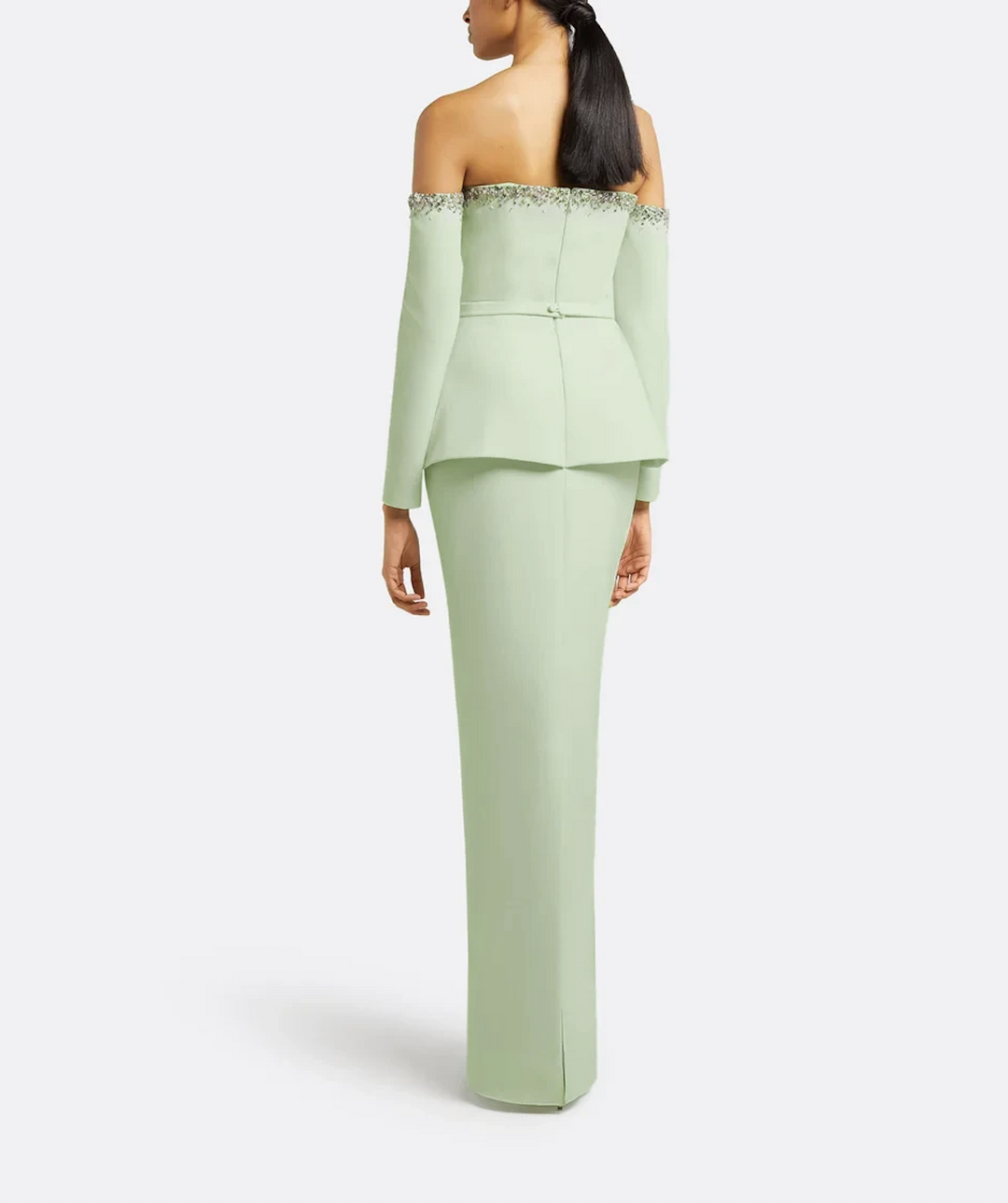 off-shoulder gown with embellished neckline and layered peplum – MINTELLE-1