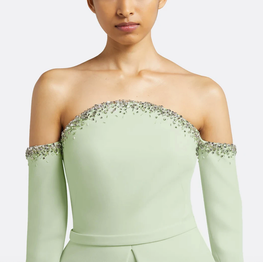 off-shoulder gown with embellished neckline and layered peplum – MINTELLE-1