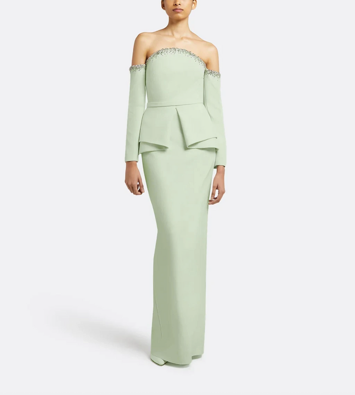 off-shoulder gown with embellished neckline and layered peplum – MINTELLE