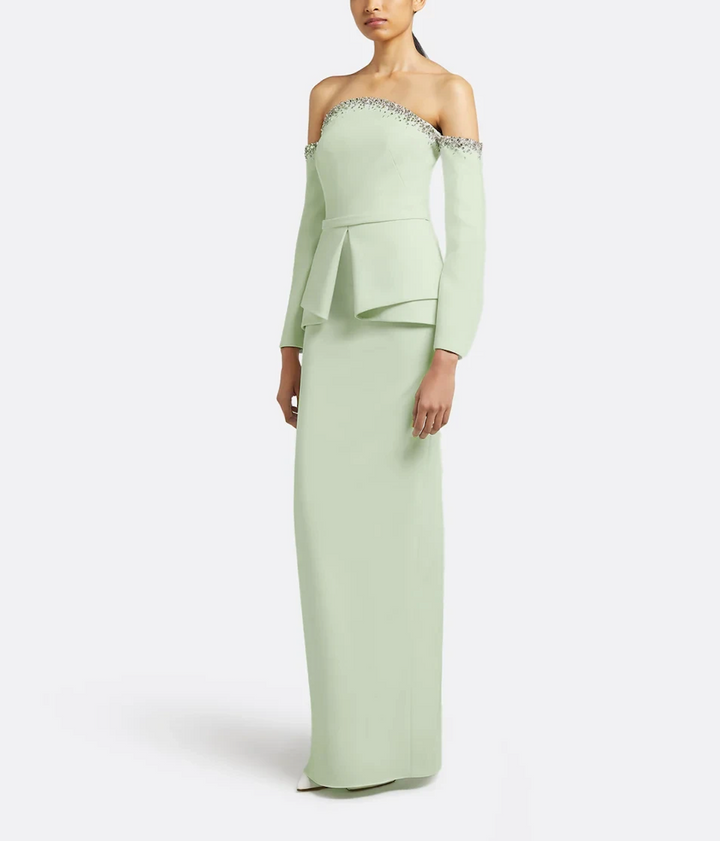 off-shoulder gown with embellished neckline and layered peplum – MINTELLE-1