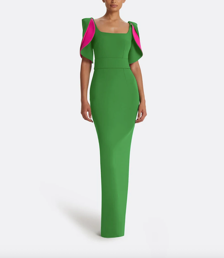 square-neck gown with contrast petal sleeves – EDEN