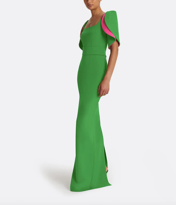 square-neck gown with contrast petal sleeves – EDEN