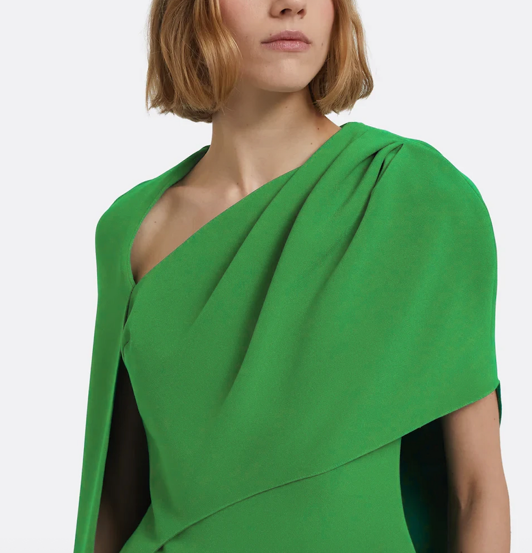 asymmetric column gown with sculpted cape sleeve – VERDANTE
