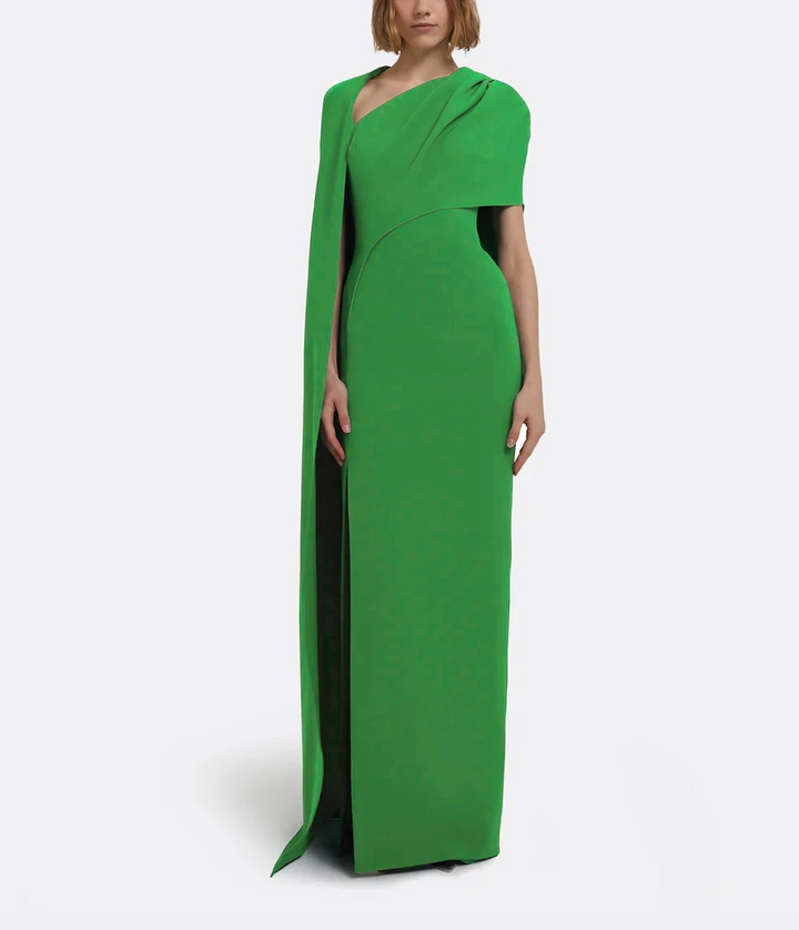 asymmetric column gown with sculpted cape sleeve – VERDANTE