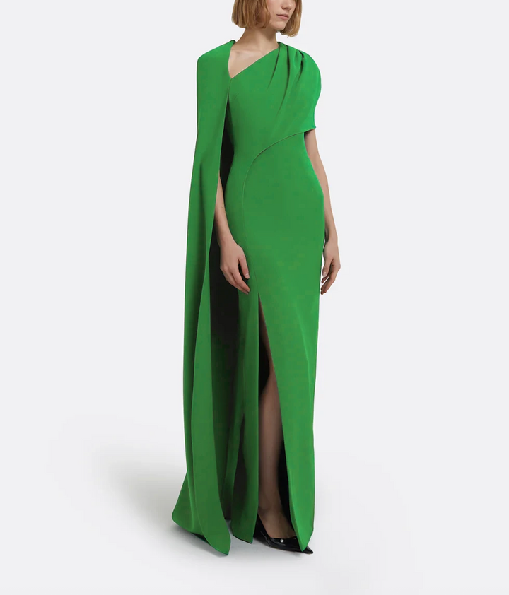asymmetric column gown with sculpted cape sleeve – VERDANTE