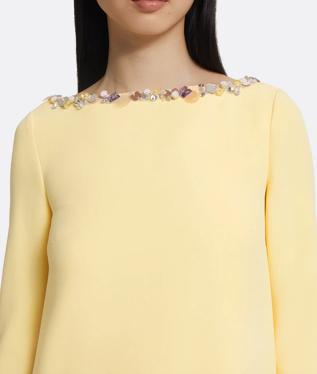 long-sleeve A-line gown with crystal-trimmed neckline – LUMINA