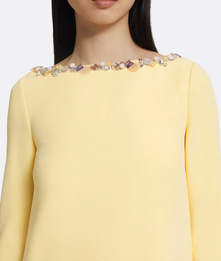 long-sleeve A-line gown with crystal-trimmed neckline – LUMINA