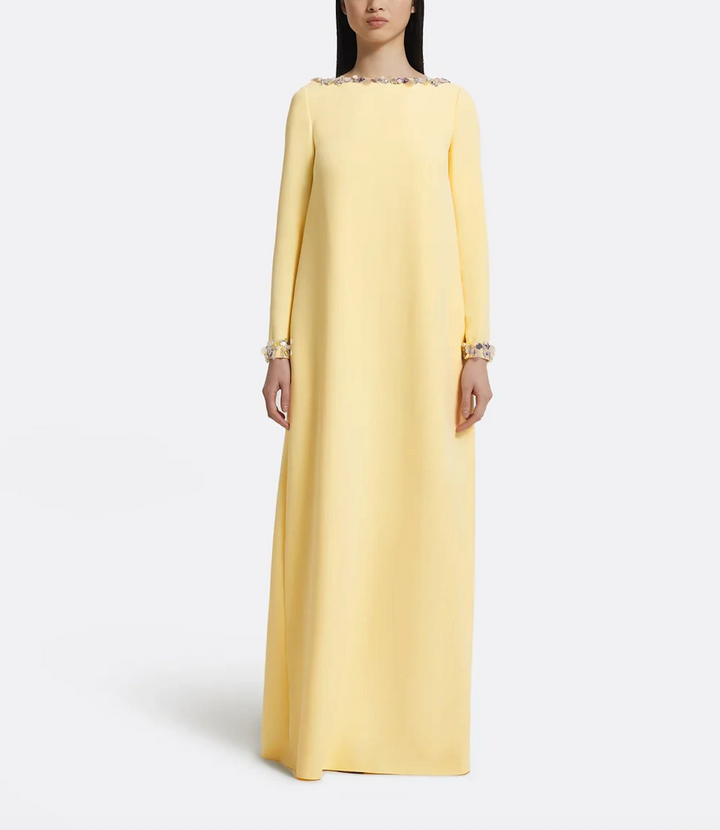 long-sleeve A-line gown with crystal-trimmed neckline – ODD- LUMINA