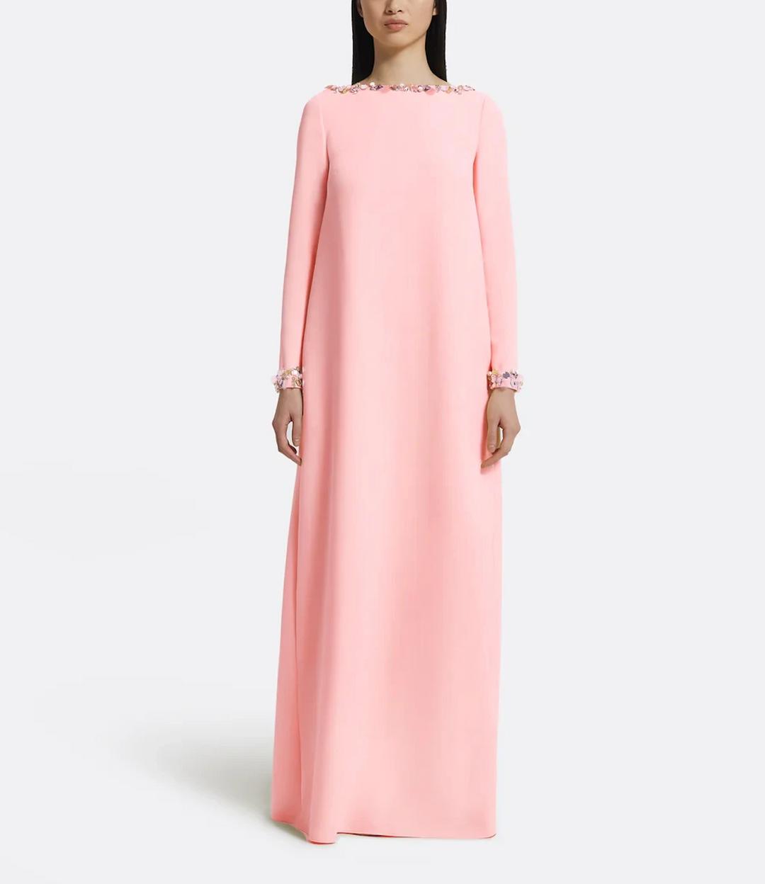 long-sleeve A-line gown with crystal-trimmed neckline – ODD- LUMINA