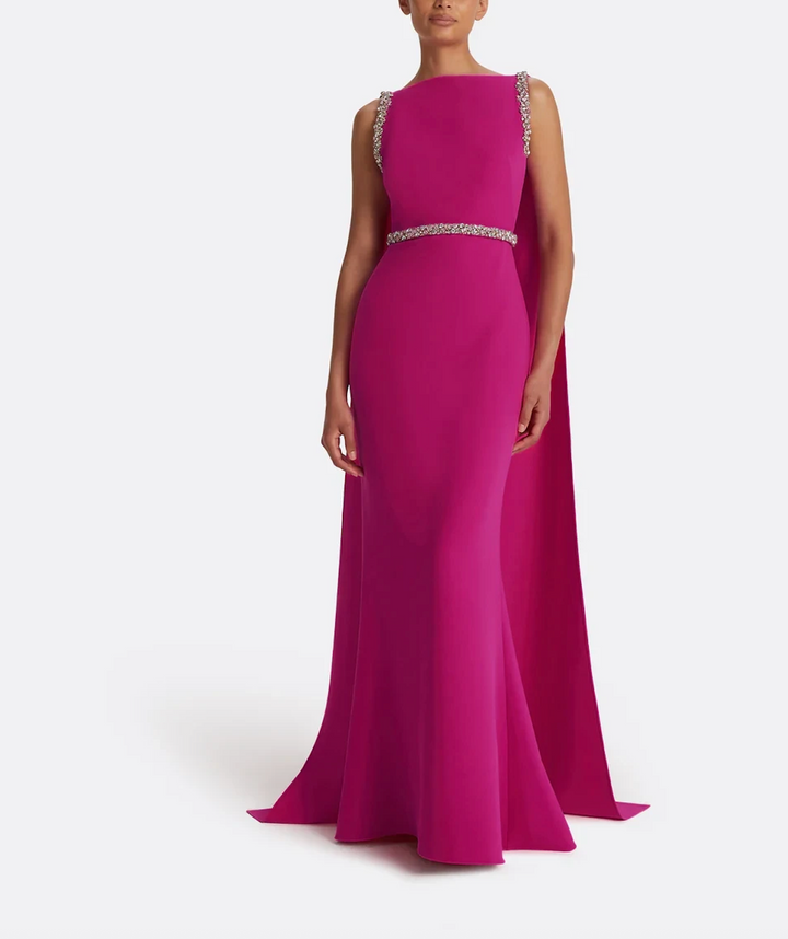 sleeveless gown with jeweled belt and cape – VERDELUX