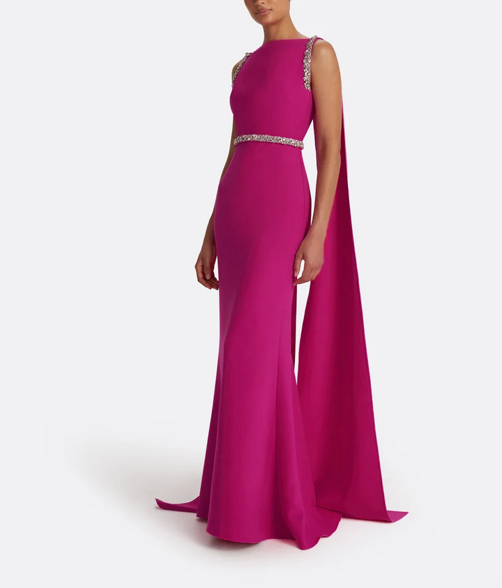 sleeveless gown with jeweled belt and cape – VERDELUX