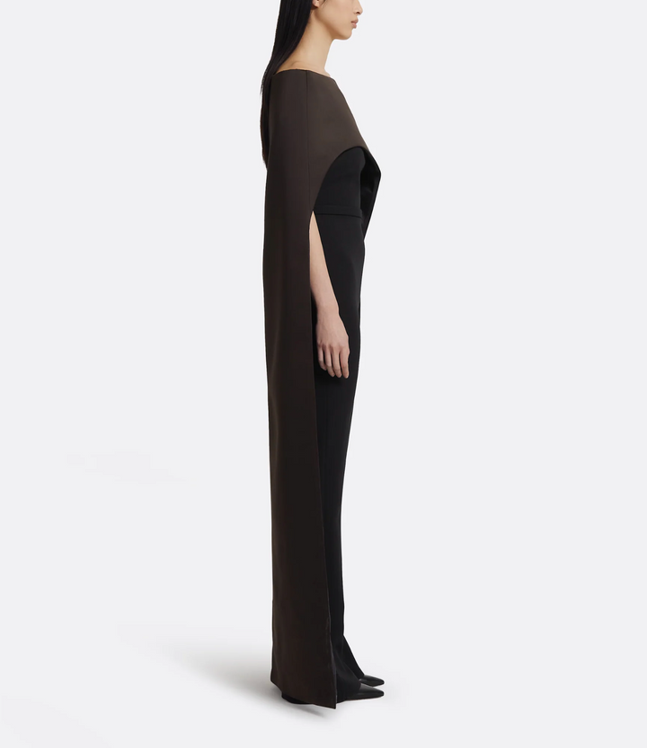 strapless jumpsuit with satin cape overlay – FALEIN
