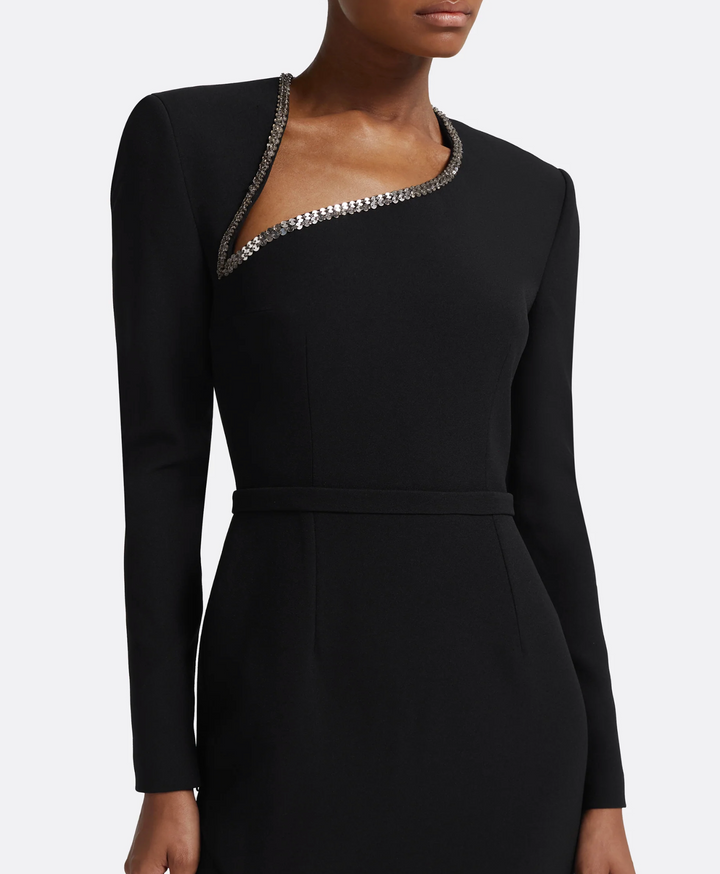 long-sleeve gown with jeweled neckline and slit – ASTRIED