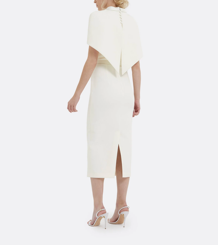 high-neck column dress with cape overlay – ESME