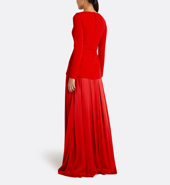 long-sleeve satin gown with structured bodice – CRIMSON-1